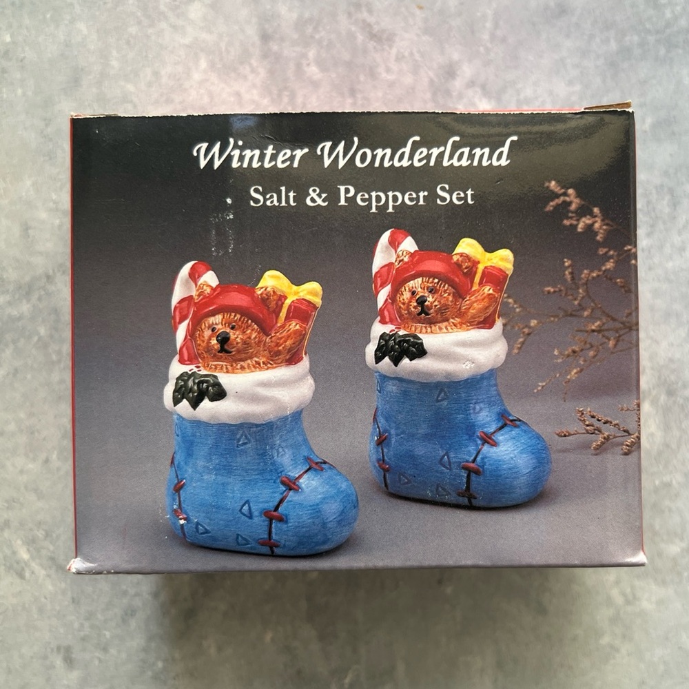 Vintage teddy bear in stocking salt and pepper shaker set